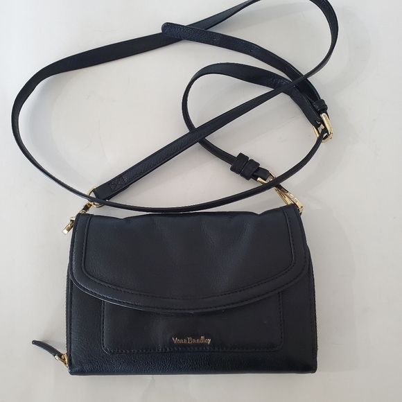 VERA BRADLEY Black Leather Crossbody Zip Wallet Handbag Floral Lining Pockets A+ - Picture 4 of 16